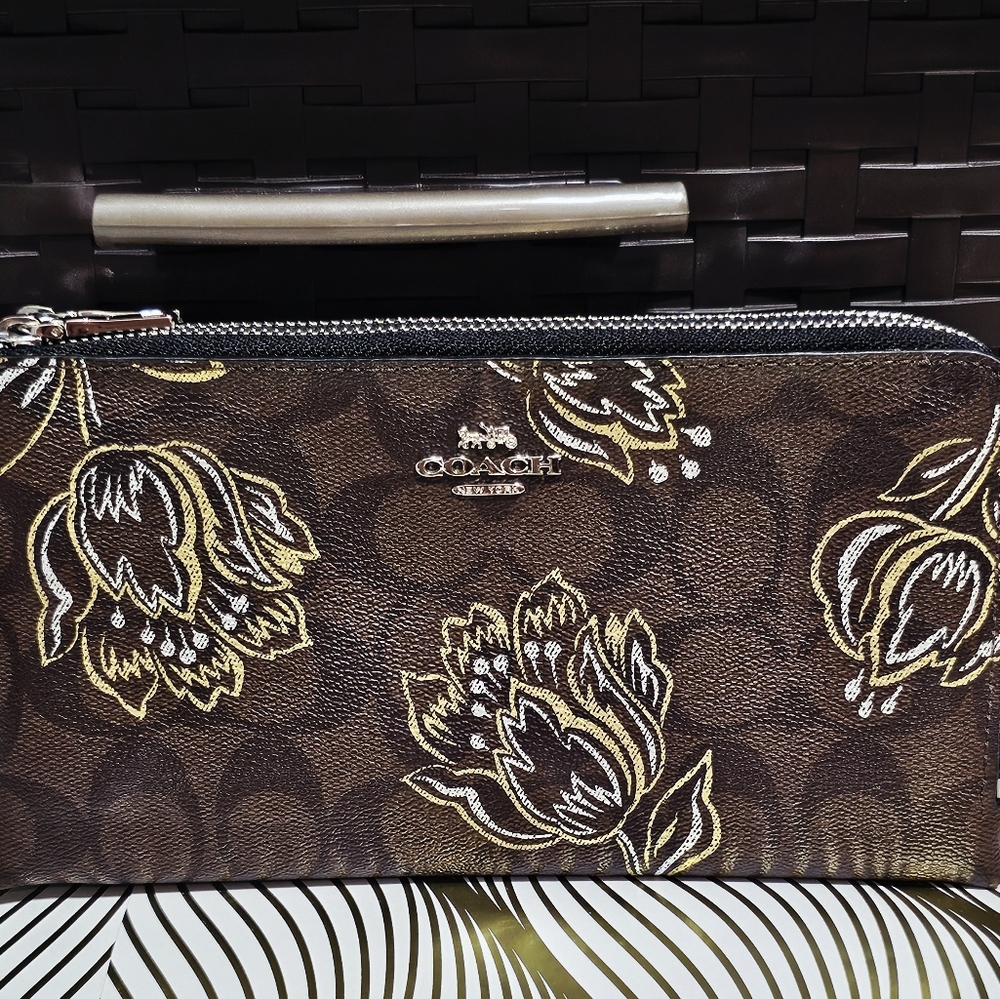 Coach Signature Tulip Print Wallet Wristlet Brown Floral Phone Bag F78069 💐💐